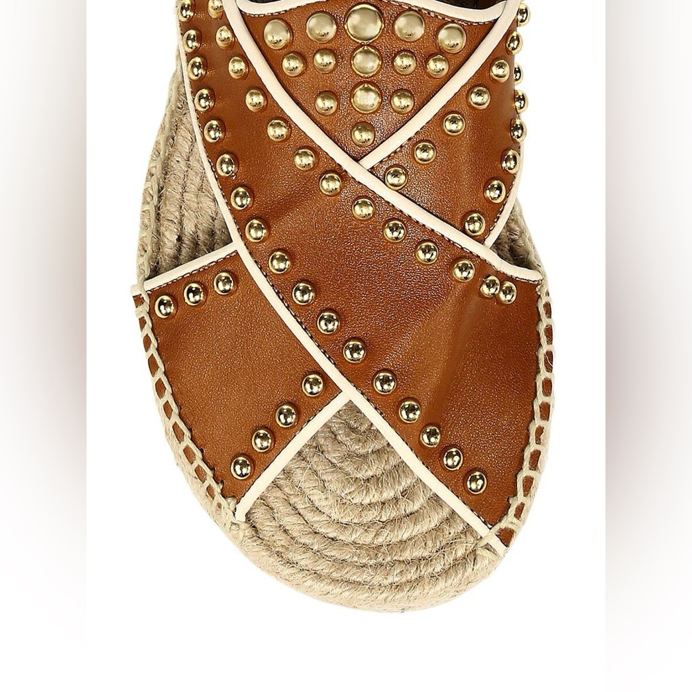 See By Chloé Pia Studded Crisscross Leather Espadrille Slides in Tan - Picture 4 of 10